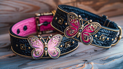 Two womens belts pink and black with beautiful butte - obrazy, fototapety, plakaty