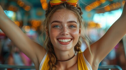 portrait Excited Girl at an amusement park with arms raised and yelling with excitement