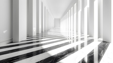 Black and White Hallway with Columns and Marble Floors, To provide an elegant and striking backdrop for modern design projects, or to showcase the