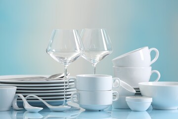 Fototapeta na wymiar Set of many clean dishware and glasses on light blue table