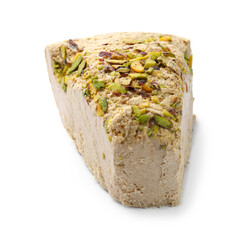 Piece of tasty halva with pistachios isolated on white