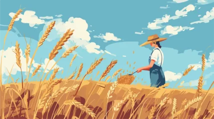Tuinposter Season of harvesting vector person dealing with wheat © Nobel