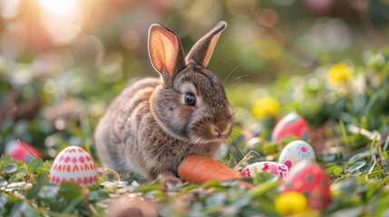Fototapeta na wymiar Rabbit Sitting in Field of Flowers