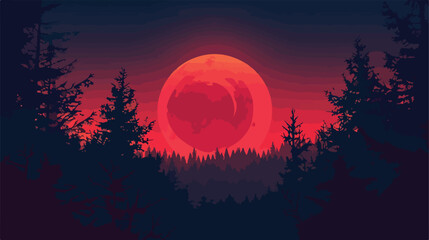 Sunset nature background with forest and red moon ..