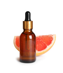 Bottle with grapefruit essential oil and piece of fresh fruit isolated on white