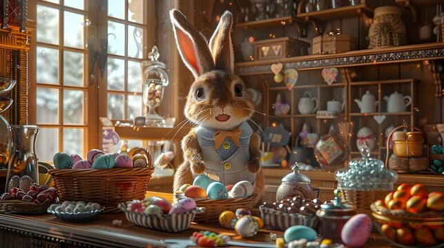 Easter Bunnys Shop with Ornaments and Candy, To provide a visually appealing and festive image for commercial use during the Easter holiday season,