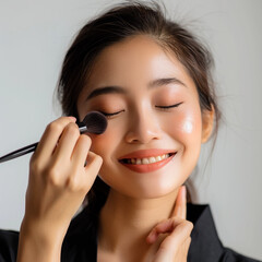 Beautiful Asian woman applying make up  