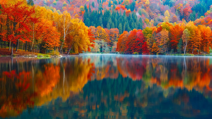 Amazing 8K view of autumn trees reflected in water landscape background