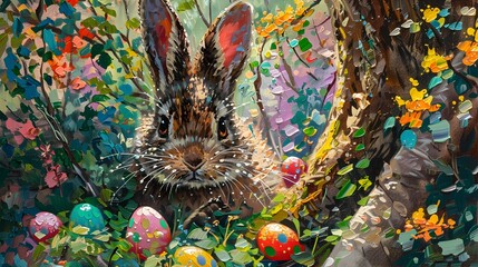 Easter Bunny in a Detailed Foliage, To provide a visually appealing and festive image for advertisements, invitations, or backgrounds during the