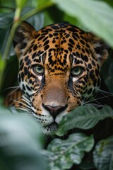 world wildlife day. leopard looking through jungle leaves . ai generated