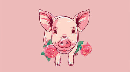 Vector cute rose mini pig logo. Little swine line art