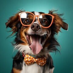 Happy dog wearing birthday sunglasses funny pose with ample copy space for cheerful moments