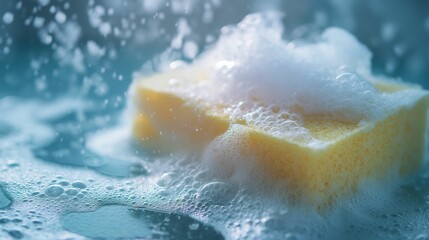 Soapy sponge with frothy water. - obrazy, fototapety, plakaty