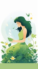 Obraz na płótnie Canvas Vector of a young lady nurturing a plant embodying ecofriendly living and zero waste on Earth Day
