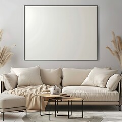 horizontal blank picture frame in simple modern living room for wall art and artwork display scene