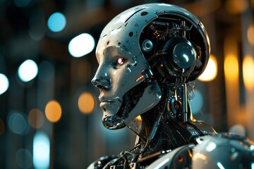 Fototapeta premium Futuristic human android robot face with head full of technology neural system. Concept of artificial intelligence.