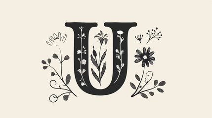 Vintage floral bold Letter U logo spring. Classic Sum - obrazy, fototapety, plakaty