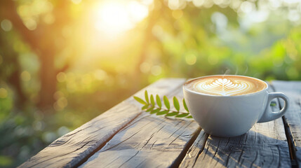 View of cup of hot caffe latte on wooden picnic table - obrazy, fototapety, plakaty