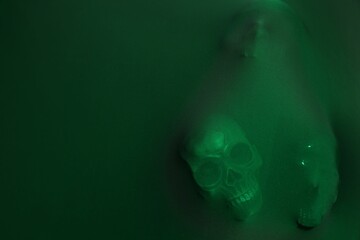 Silhouette of creepy ghost with skulls behind green cloth. Space for text
