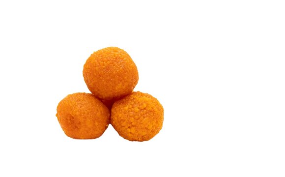 Motichoor Laddu or Motichur Ladoo Isolated on White Background with Copy Space