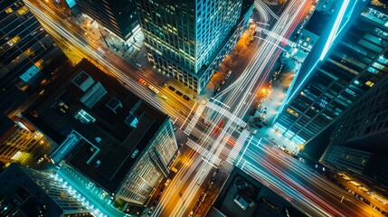 Fototapeta na wymiar Nighttime Hustle: Aerial View of Modern City Financial District