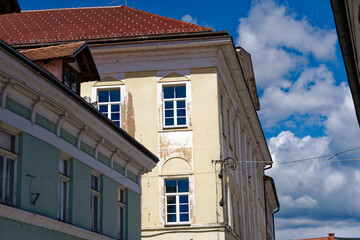 Idyllic view of the old town of Slovenian City of Kranj with colorful facades on sunny summer day. Photo taken August 10th, 2023, Kranj, Slovenia.