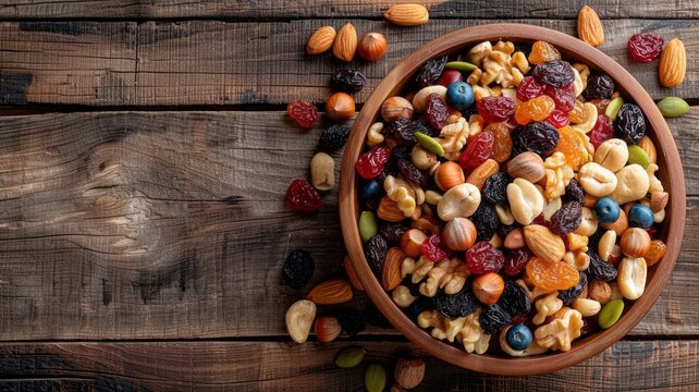 Top view of wooden bowl with nuts and dried fruit mix on dark wood boards. Vegetarian food background with copy space. Healthy eating and natural energy concept.