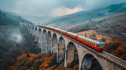 Train Crossing Bridge With Mountains in Background - obrazy, fototapety, plakaty