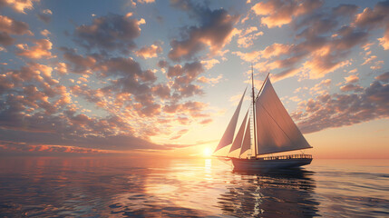 Vintage sailboat in the sea at sunset.3d - obrazy, fototapety, plakaty