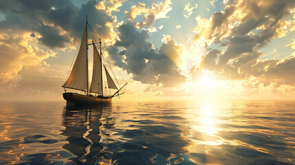 Vintage sailboat in the sea at sunset.3d