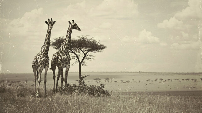 Vintage style black and white image of giraffes