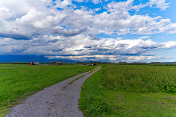Scenic view of rural landscape with gravel road at village of Zabnica on a blue cloudy summer evening. Photo taken August 10th, 2023, Zabnica, Kranj, Slovenia.