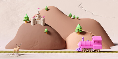 3d locomotive plasticine with railroad tracks, steam train transport clay toy, mountain landscape, castle, towers, fort isolated on grey background. clay toy icon concept, 3d illustration render - obrazy, fototapety, plakaty
