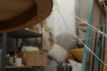 Old cobweb on wooden table indoors, closeup