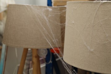 Obraz na płótnie Canvas Old cobweb on lamps in room, closeup