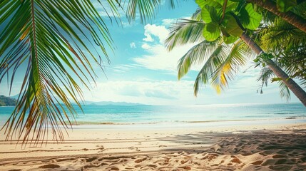 A tropical beach with palm trees during a sunny day. A calm and sunny place to rest and dream, with clear and clean sandy ocean beach and a background of tree leaves.