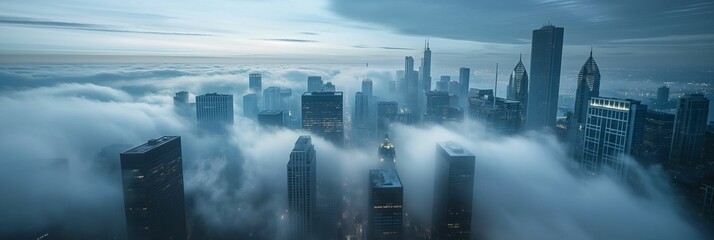 Urban skyscrapers wrapped in serene low clouds.