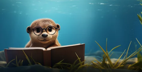 Foto op Canvas A cartoon otter wearing glasses is sitting on a book. The scene is set in a body of water, with the otter looking up at the camera. Concept of curiosity and learning © pingpao