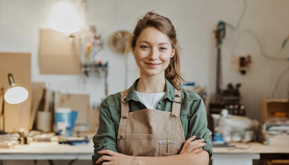 Woman working at a workshop, atelier, studio, female carpenter