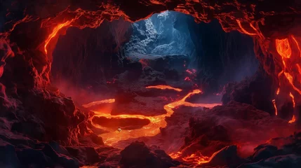 Papier Peint photo Bordeaux Volcanic lava sculpting intricate underground caves.