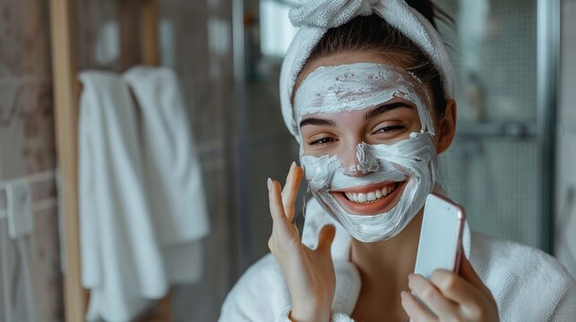 Joyful And Happy Woman Taking Care Of Her Facial Skin With A Treatment Mask In The Bathroom While Chatting On Her Phone.