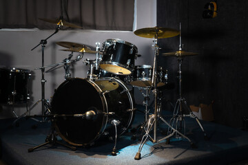 Fototapeta na wymiar Close-up of a drum kit in a music studio