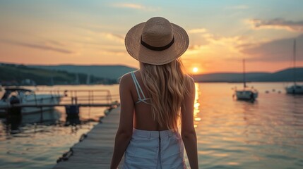  Casual summertime woman in summer clothes with a hat walking near the pier of a lake and yacht port by the seaside. Walking near the lake at sunset. Travel concept.