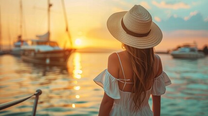  Casual summertime woman in summer clothes with a hat walking near the pier of a lake and yacht port by the seaside. Walking near the lake at sunset. Travel concept. - obrazy, fototapety, plakaty