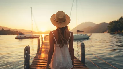 Foto op Plexiglas  Casual summertime woman in summer clothes with a hat walking near the pier of a lake and yacht port by the seaside. Walking near the lake at sunset. Travel concept. © Cyprien Fonseca