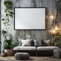 horizontal picture frame mockup in bare rough wall modern living room interior design for wall art painting and picture decoration