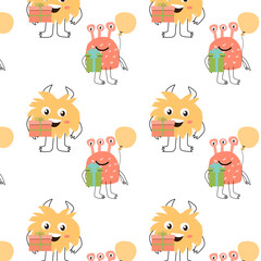doodle flat monsters with present - pattern