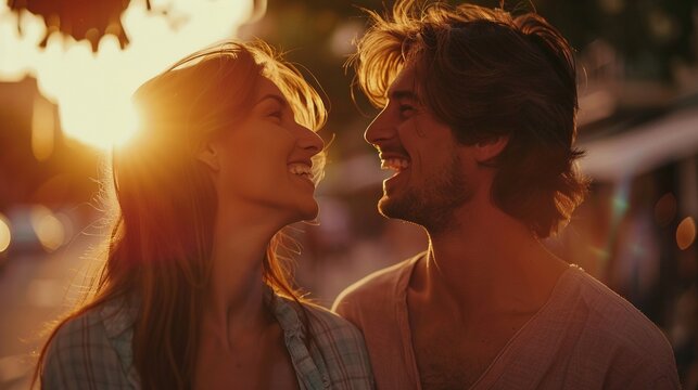 Romantic moment of happiness and love at sunset, where a joyful couple laughs, smiles, and shares positive conversation together on the street outdoors during summertime.
