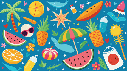 Seamless pattern with watermelon, pineapple, coconut, starfish, sun, sunglasses and other summer elements.