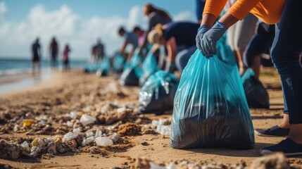 "Americans Unite for Beach Cleanup"
Against the backdrop of the vast expanse of the American coastline, a diverse group of volunteers gathers for a beach cleaning event. 
